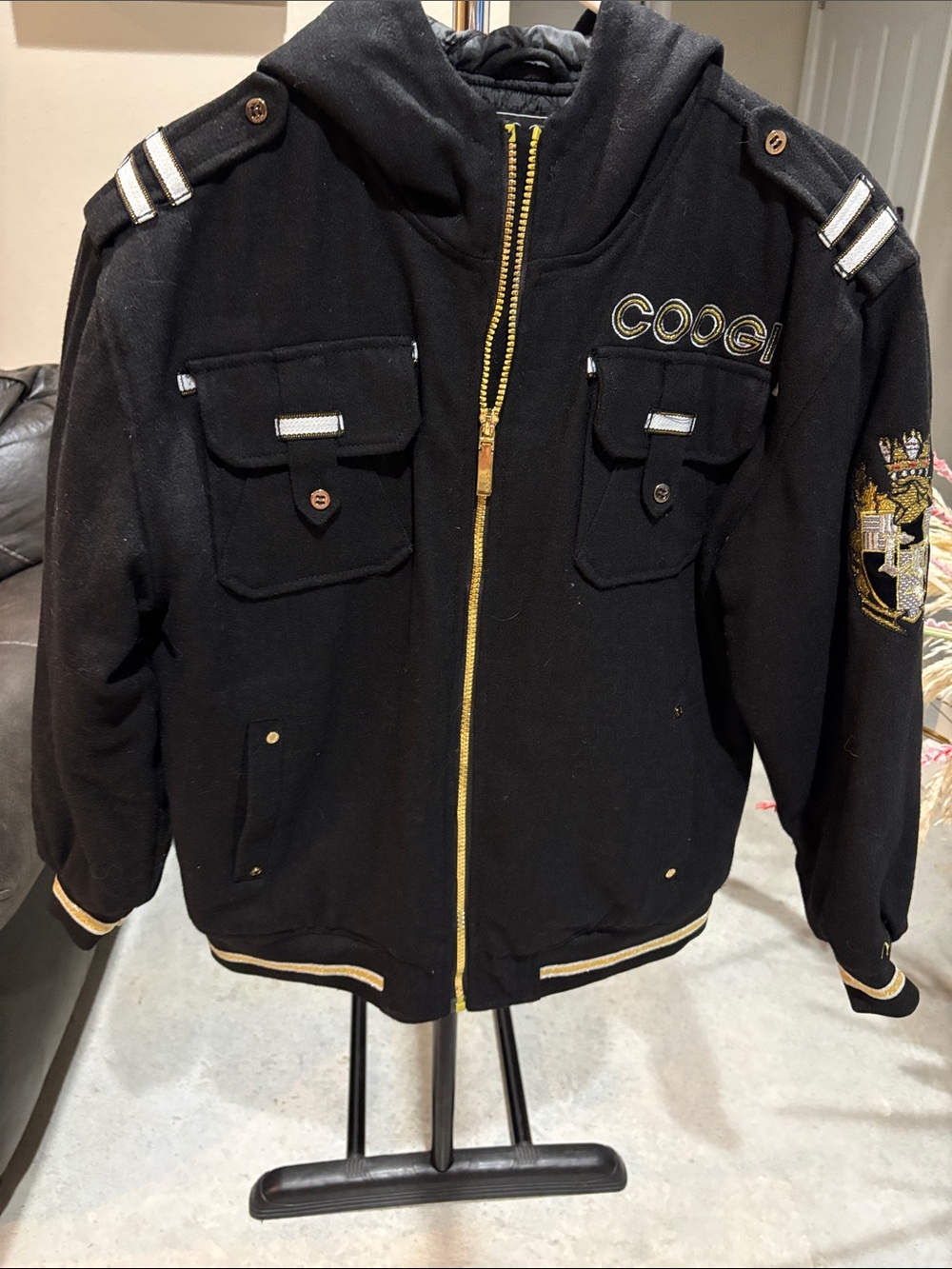 COOGI Black Bomber Jacket with Gold Trim and Crest
